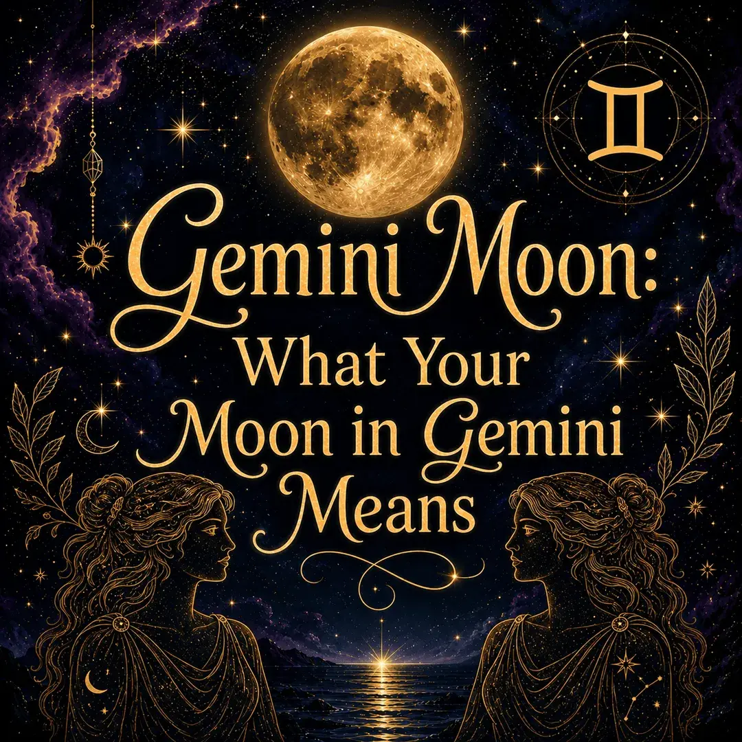 Celestial Gemini Moon graphic with a glowing full moon, Gemini symbol, golden twins, stars, and deep purple cosmic clouds.  next is capricorn vidIQ