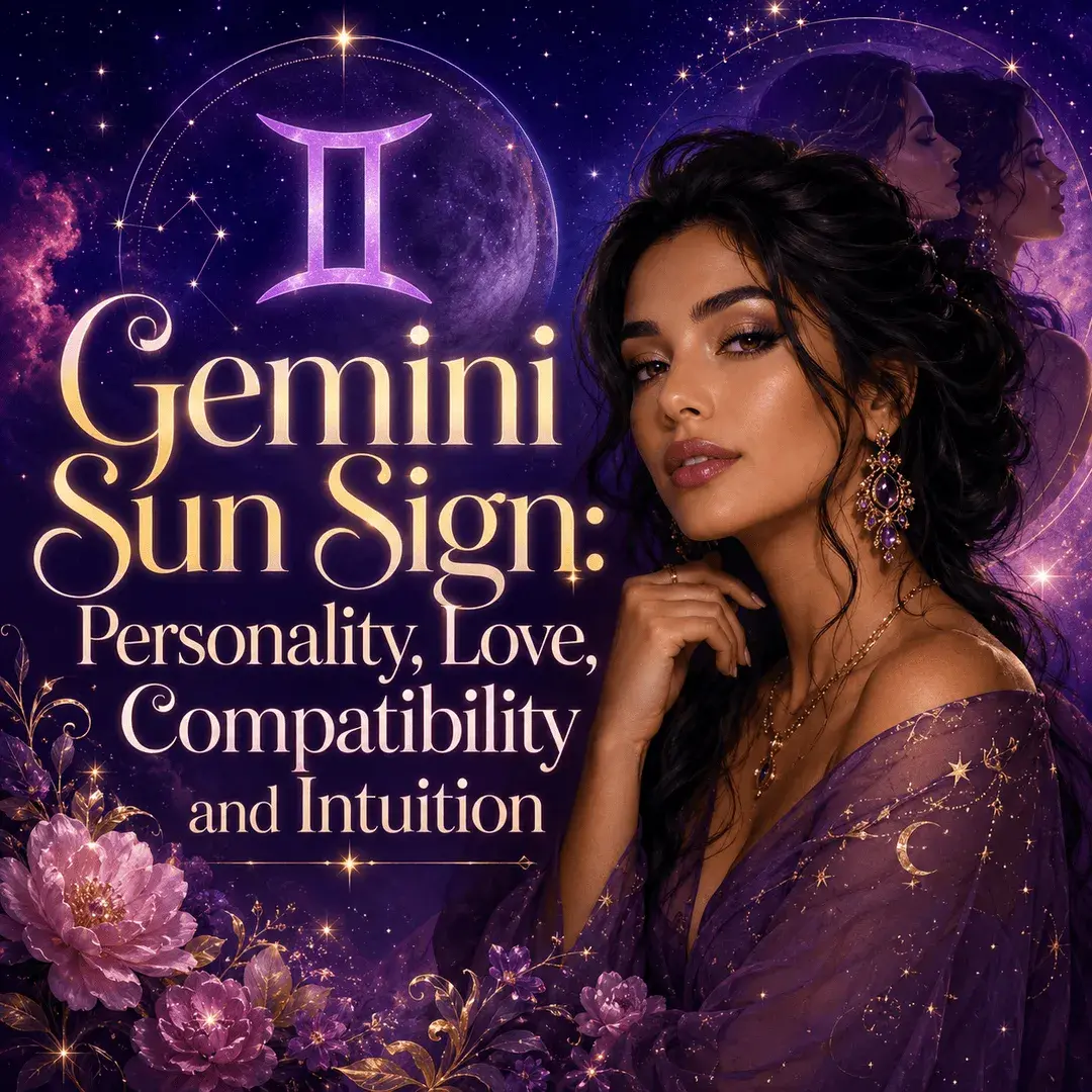 Gemini Sun Sign astrology graphic featuring a woman, Gemini symbol, twin imagery, celestial stars, flowers, and the title Personality, Love, Compatibility and Intuition.