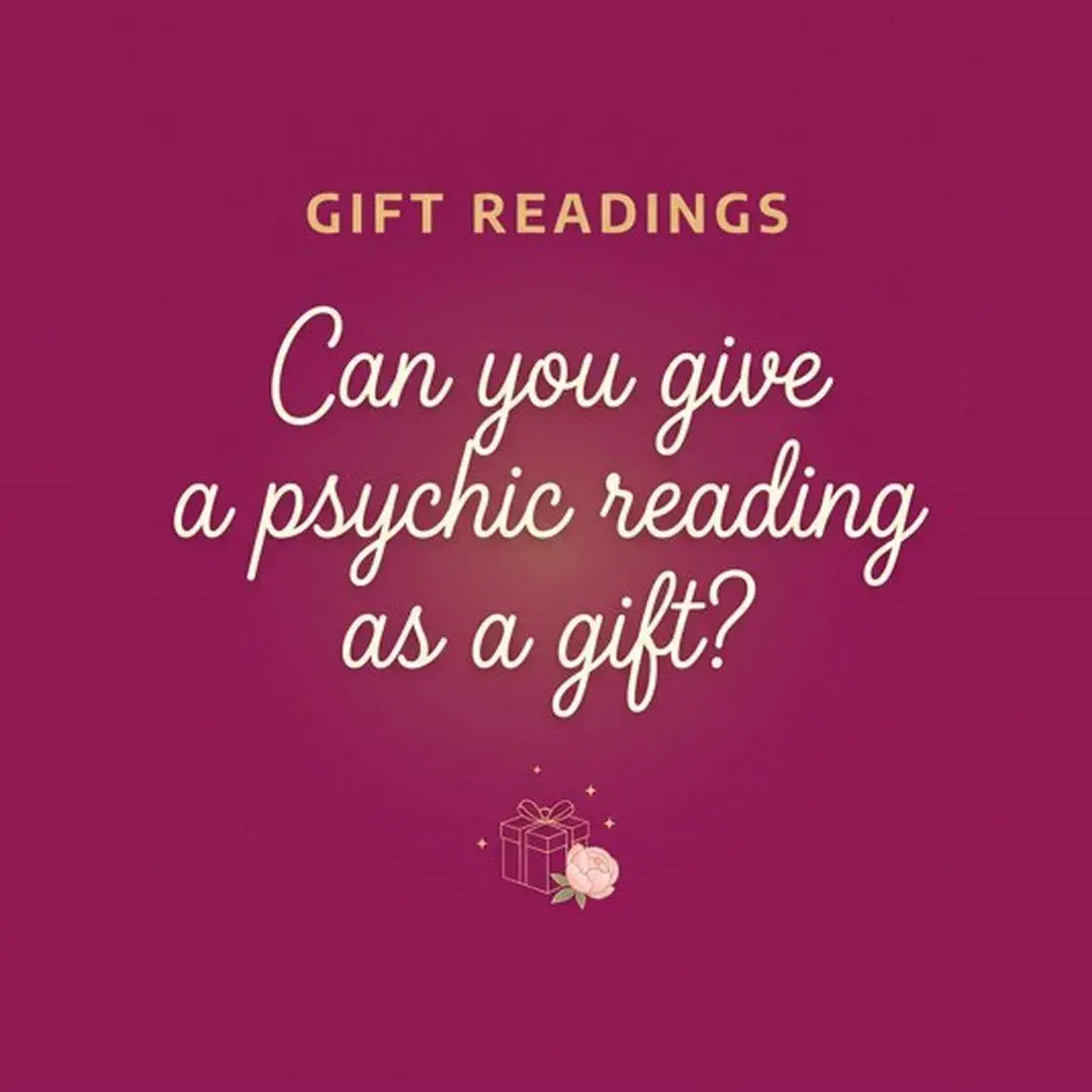 Can you give a psychic reading as a gift? Script text on a deep pink background with a small gift box and rose