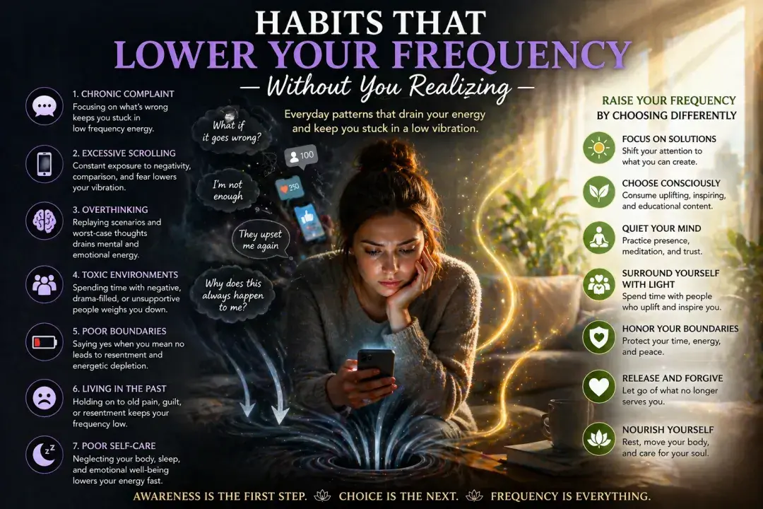 Woman looking at her phone feeling emotionally drained, surrounded by negative thoughts and energy leaks illustrating habits that lower your vibrational frequency without you realizing it