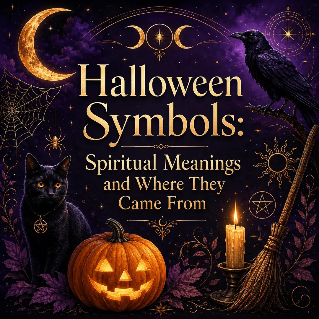 Halloween symbols including a black cat, raven, jack o’lantern, crescent moon, candle, broom, spiderweb, and spiritual symbols.