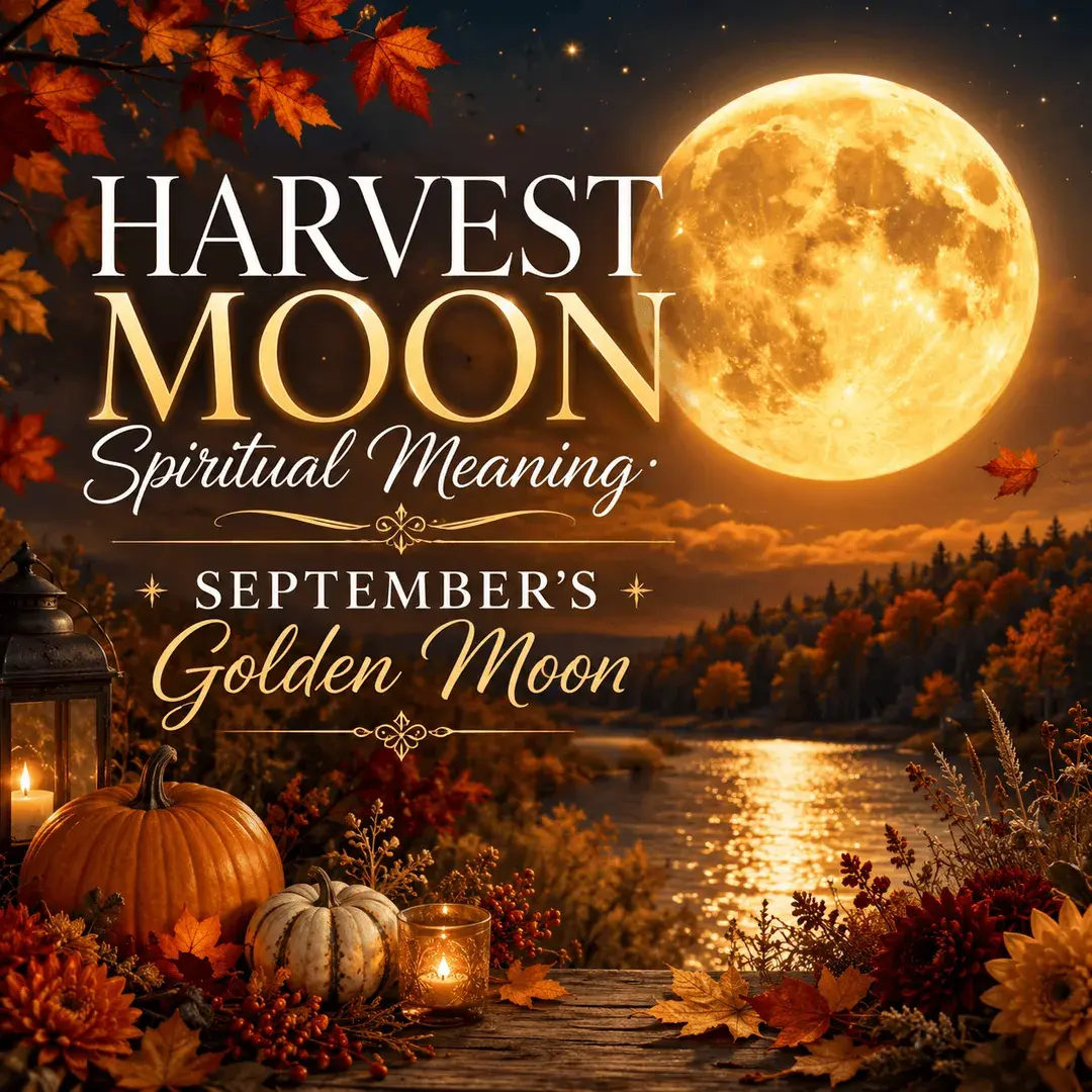 Golden Harvest Moon over a colorful autumn landscape.