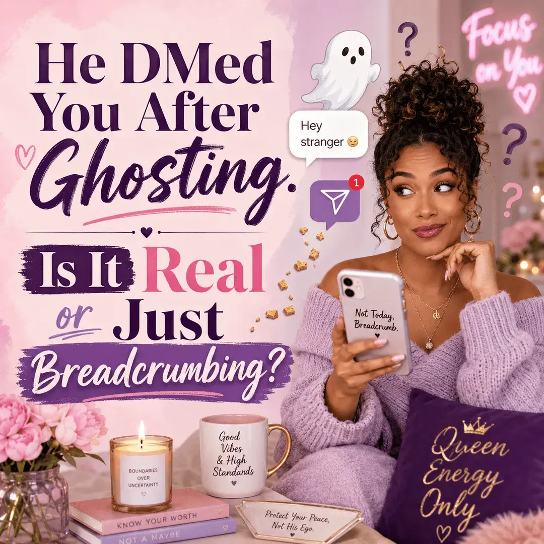 Woman looking suspicious and amused at her phone after receiving a DM from someone who ghosted her, with a playful ghost, message notification, and breadcrumb symbols.