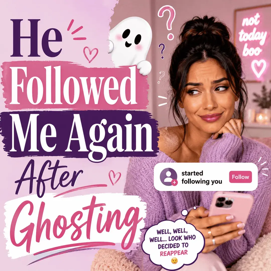 Woman looking amused and suspicious at her phone after someone who ghosted her follows her again, with a playful ghost and social media notification.