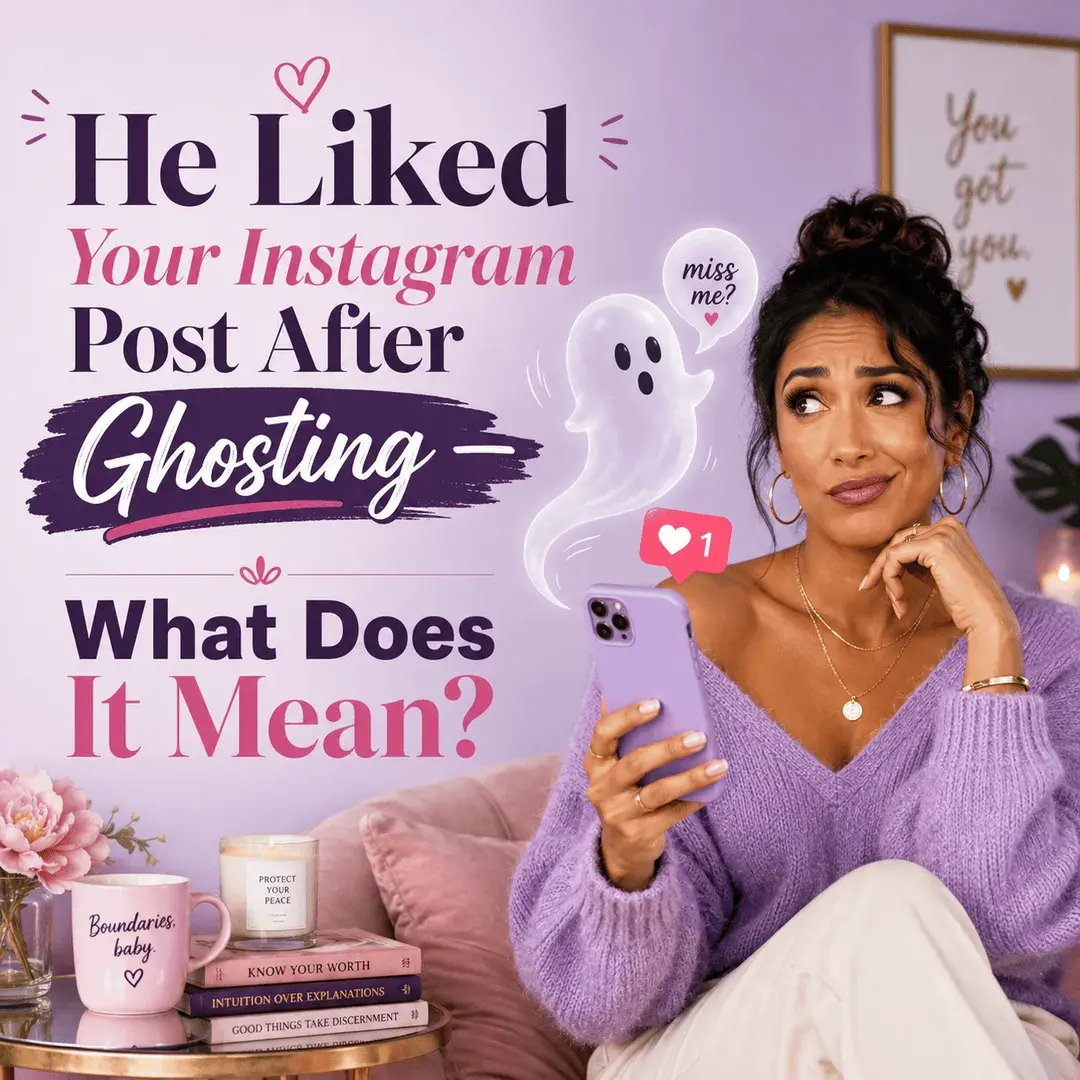 Woman looking amused and confused at her phone after receiving a like from someone who ghosted her, with a playful ghost and heart notification beside her.