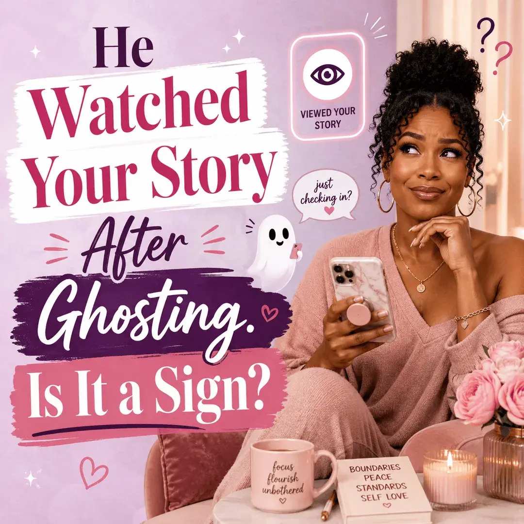 Woman looking amused and curious at her phone after someone who ghosted her viewed her story, with a playful ghost and story notification.