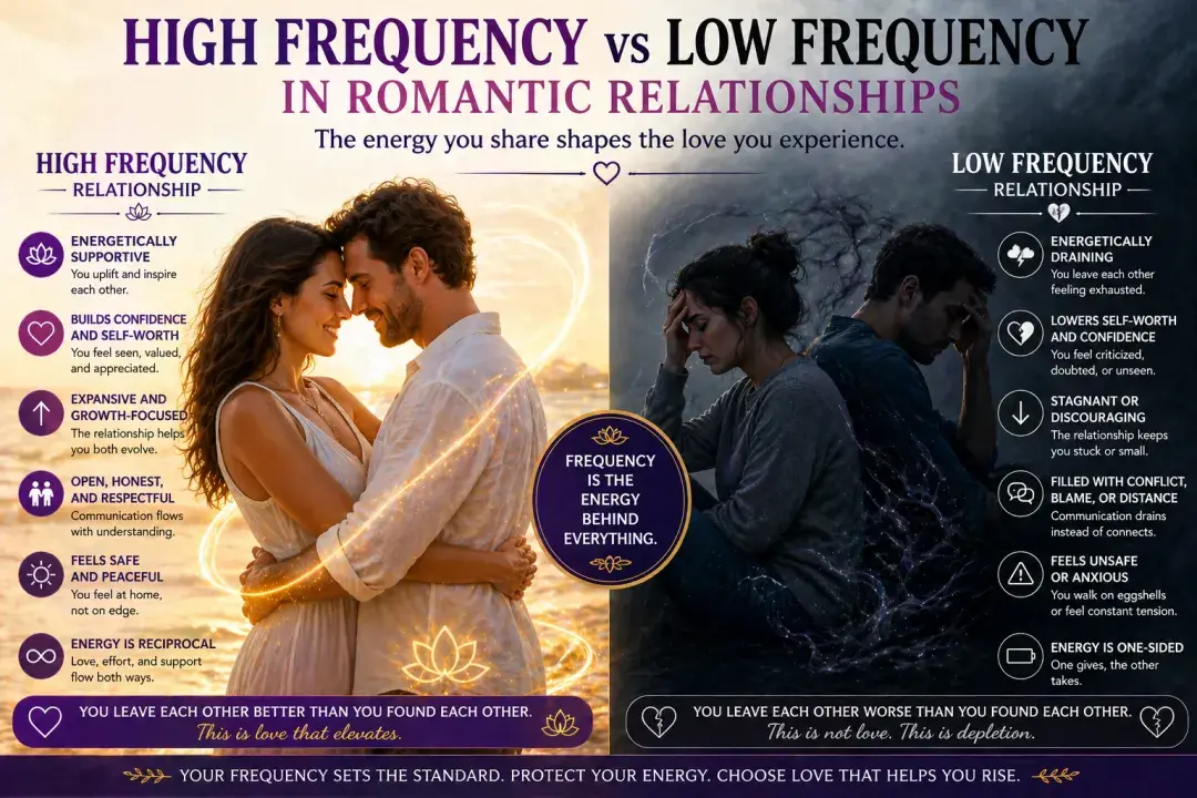 Couple showing contrast between high frequency and low frequency relationship energy, representing emotional support versus emotional drain in love