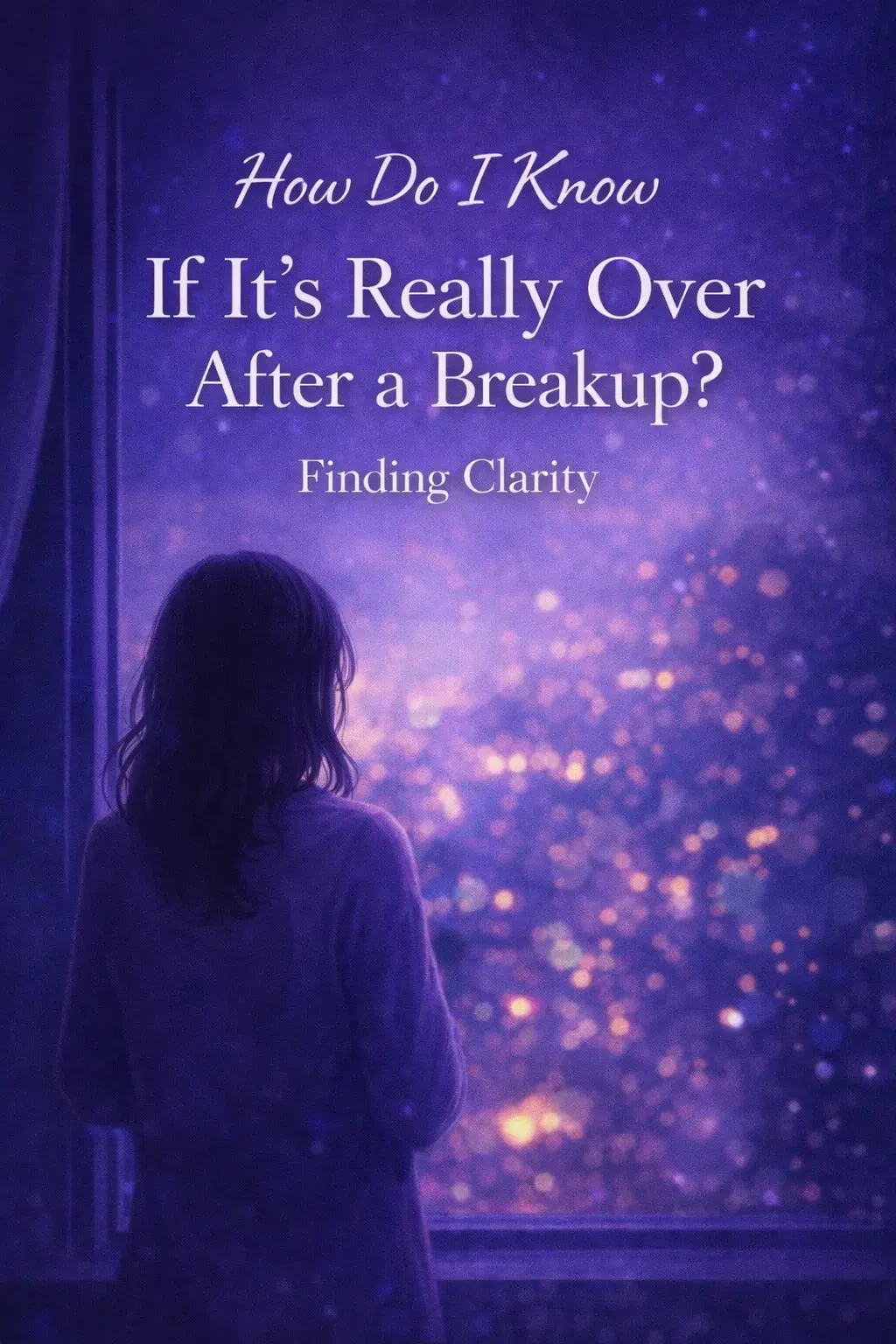 Faceless silhouette in blue and violet colors looking into the distance at night, symbolizing uncertainty and wondering if a breakup is truly over.