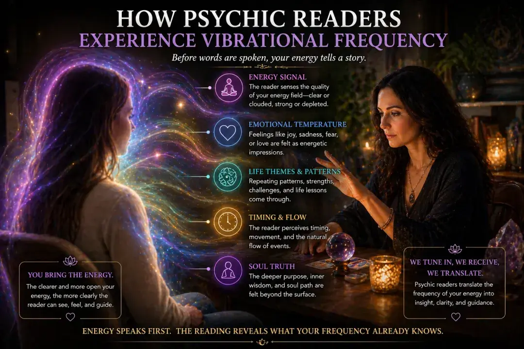 Psychic reader sensing a client’s aura and vibrational frequency energy field, showing how emotions, patterns, and energy are perceived before words are spoken