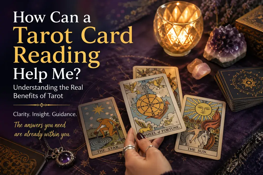 Tarot card reading setup showing cards, candlelight, and crystals representing clarity, emotional insight, and spiritual guidance
