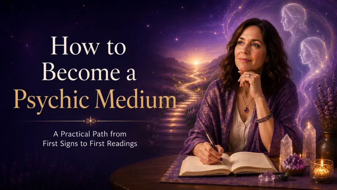 Woman journaling beside crystals and candlelight on a mystical path representing how to become a psychic medium.