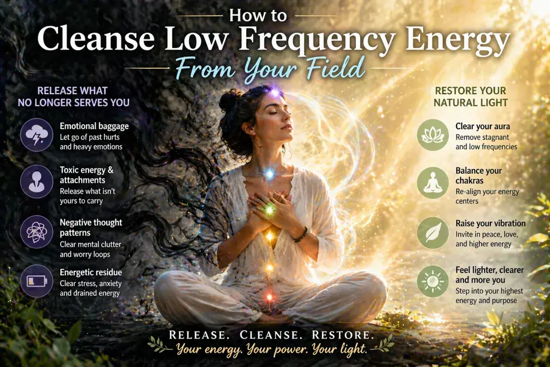 Woman releasing dark low frequency energy from her body as light clears her aura and chakras, representing emotional healing and cleansing negative energy from the energy field