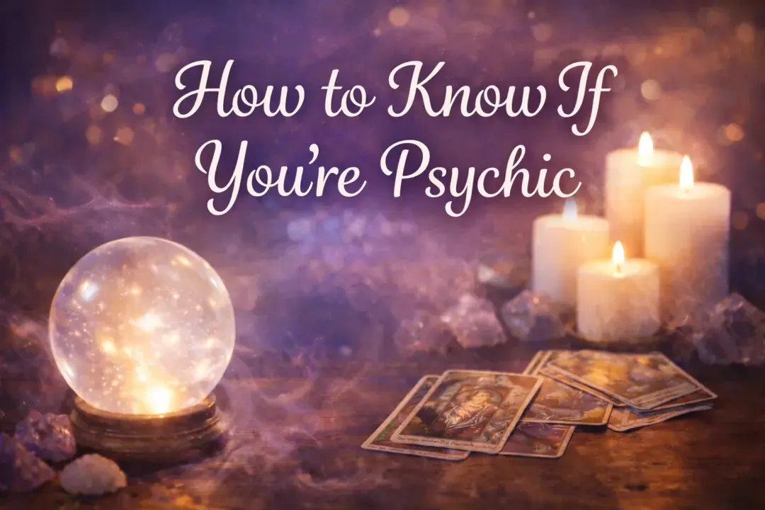Mystical psychic setup with crystal ball, tarot cards, and white candles representing signs of psychic ability