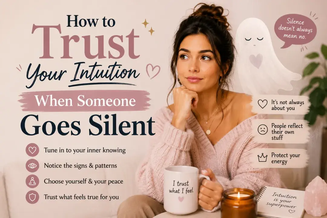Thoughtful woman holding a mug and reflecting quietly beside soft ghost imagery and calming text about trusting your intuition when someone goes silent.