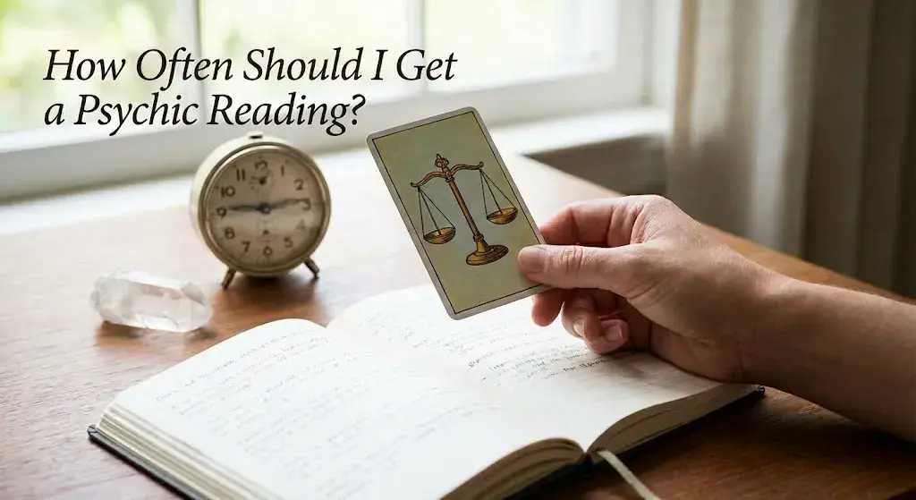 Hand holding a tarot card with balance scales over an open book next to a vintage clock, symbolizing timing and balance in psychic readings.