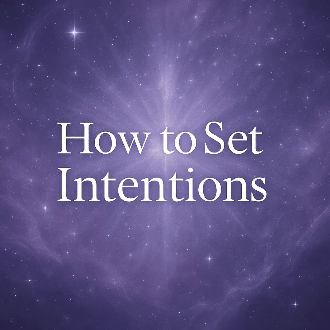 Mystical violet and silver background with glowing aura and celestial light featuring the text “How to Set Intentions” in elegant Playfair Display font