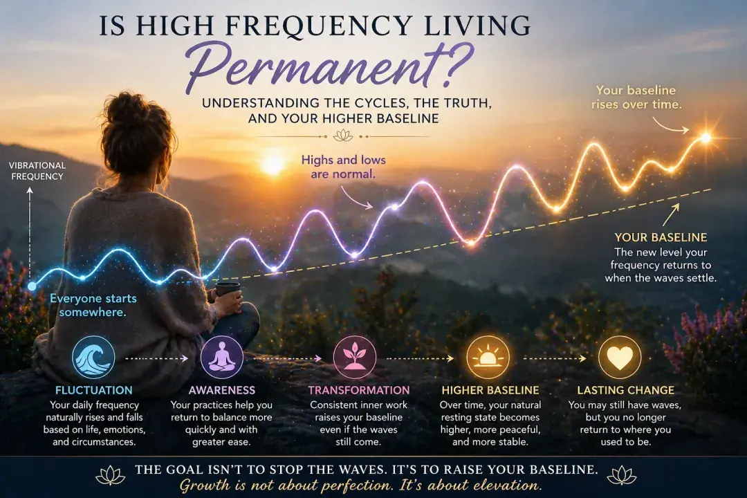 Person sitting peacefully watching a rising and falling energy wave graph showing how vibrational frequency fluctuates while overall baseline increases over time
