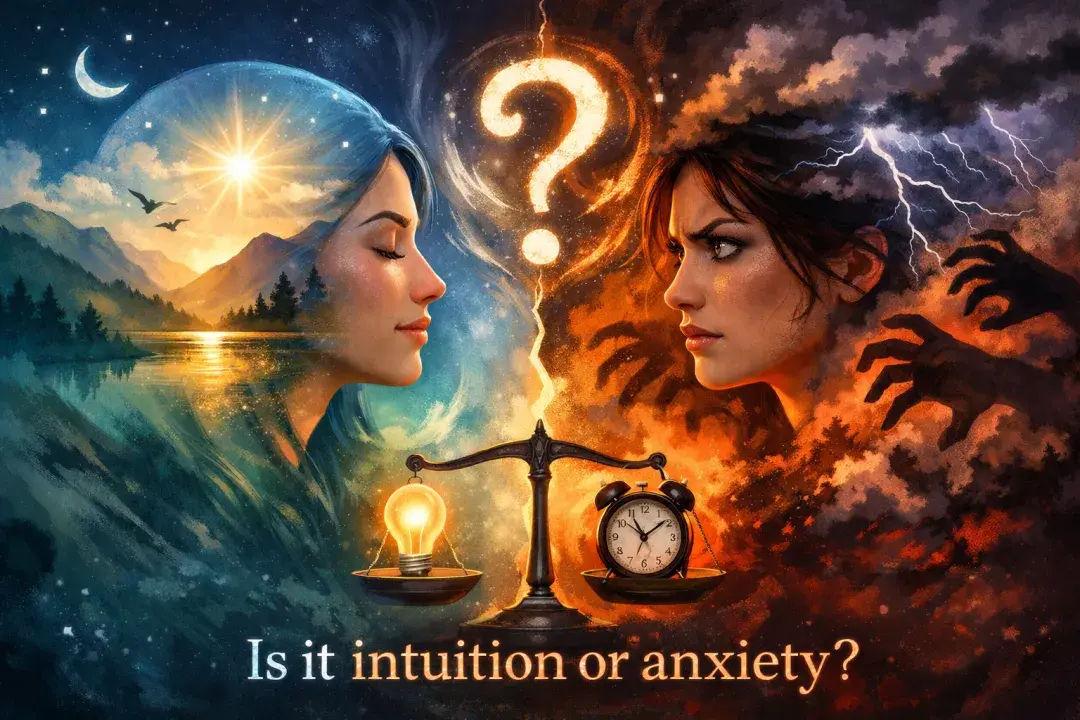 A visually striking illustration showing the contrast between calm intuition and chaotic anxiety, with two opposing female figures, one peaceful and one distressed, separated by a glowing question mark.
