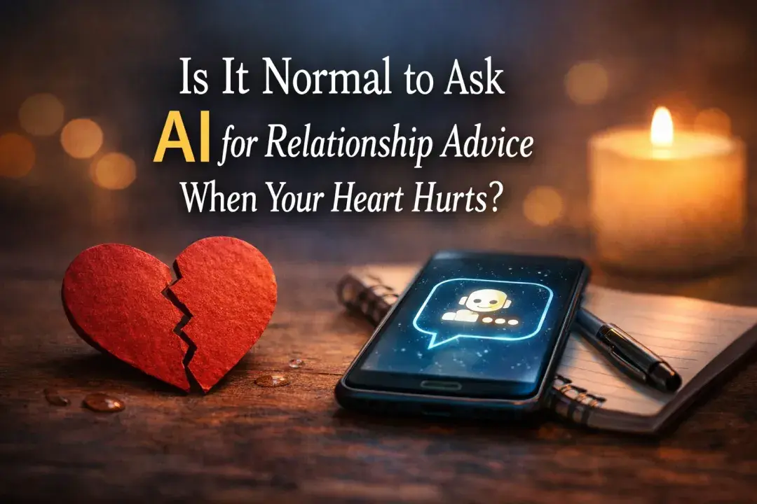Broken heart beside a phone with AI chat and candle representing asking AI for relationship advice during heartbreak