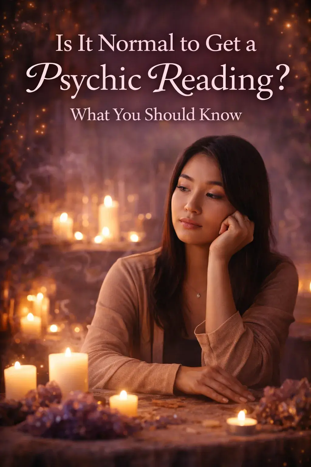 Person sitting in a calm candlelit setting reflecting on whether getting a psychic reading is normal, representing curiosity and emotional clarity