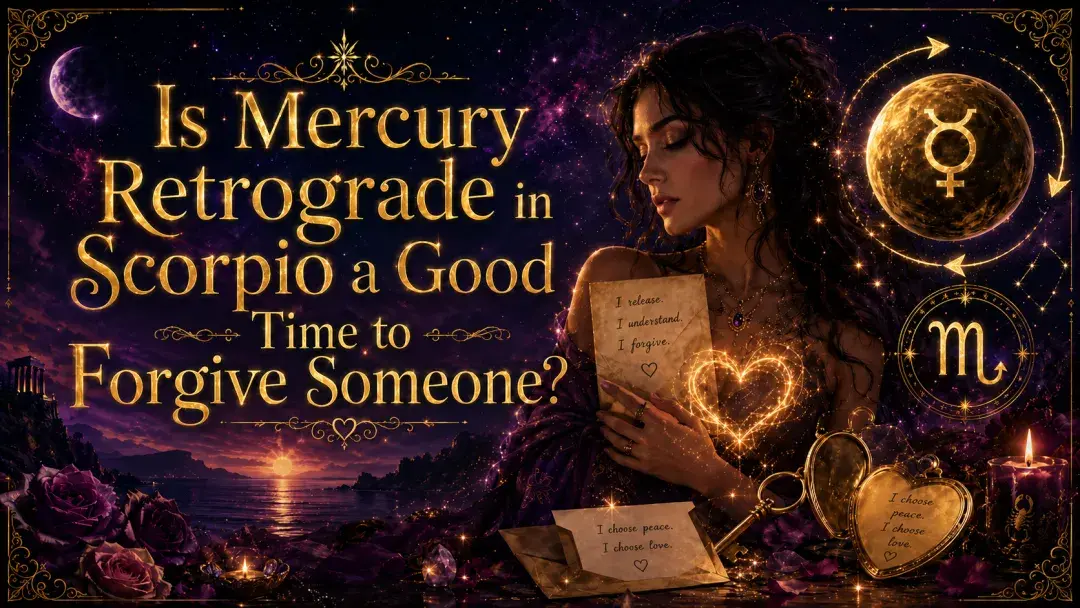 Mercury retrograde in Scorpio image with glowing text and a woman holding a forgiveness letter.