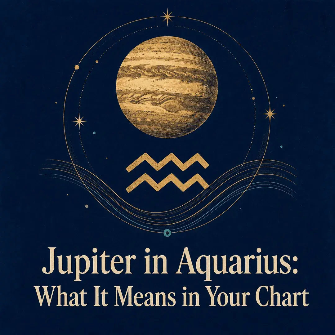 Gold Jupiter and Aquarius symbol on a deep blue background.