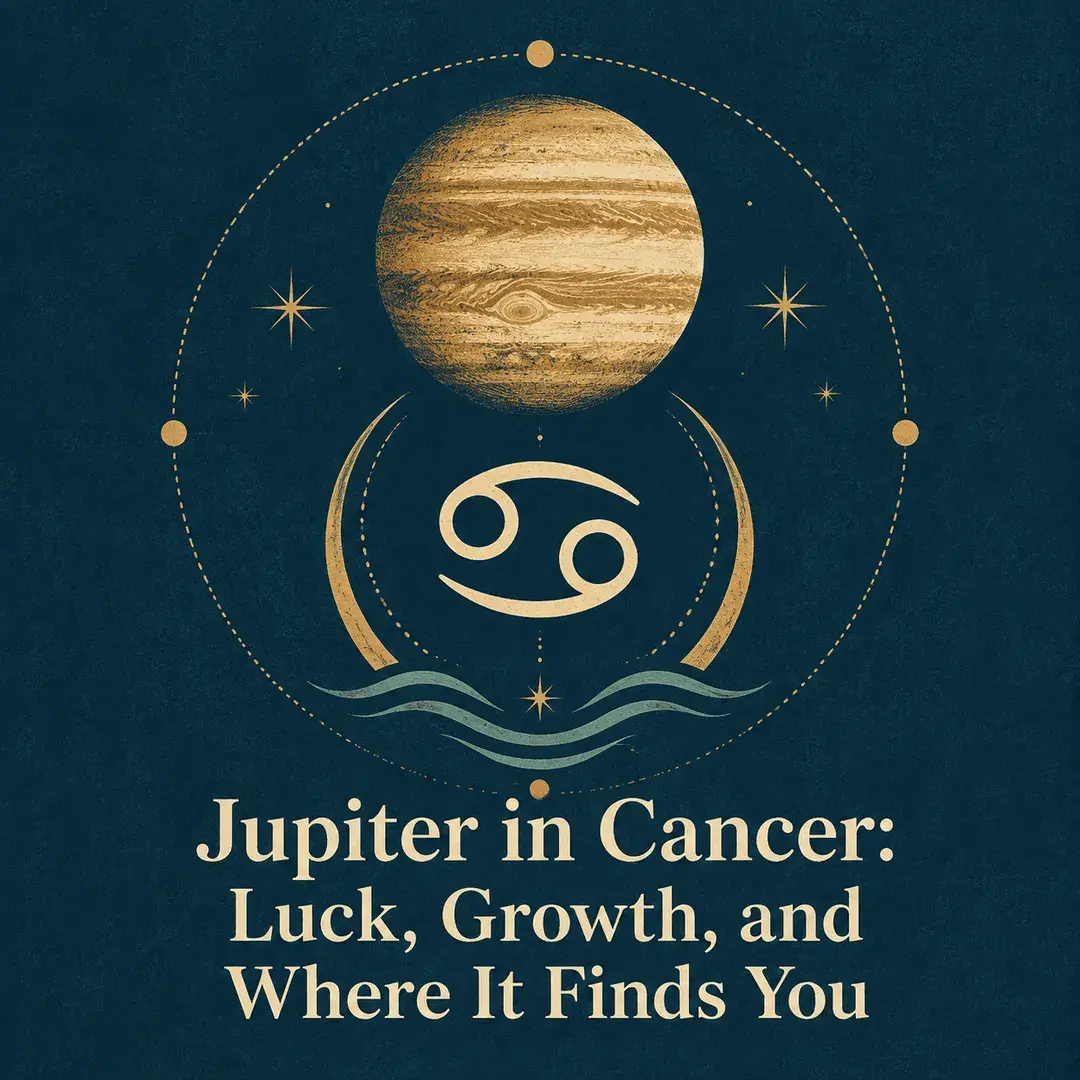Gold Jupiter and Cancer symbol with moon and wave details on a deep blue background.