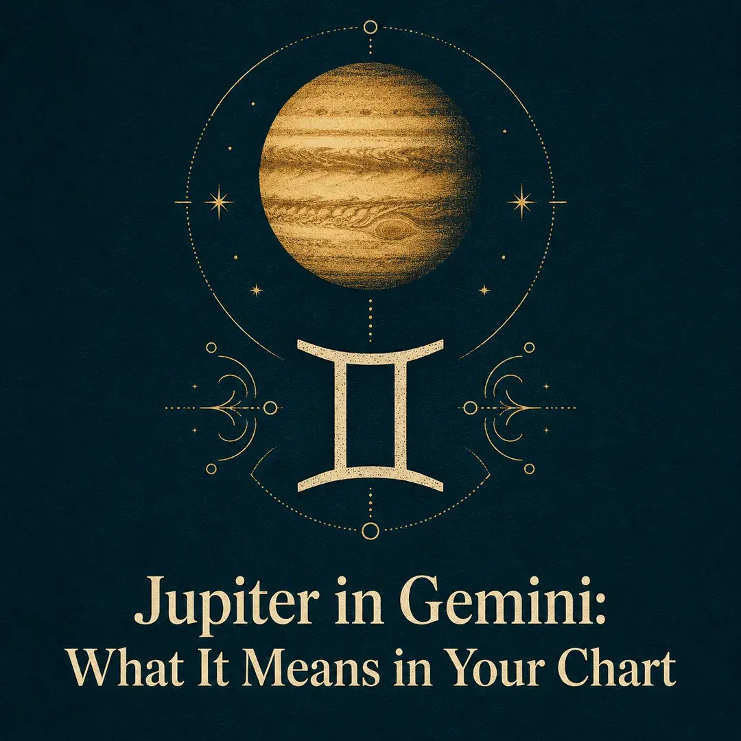 Gold Jupiter and Gemini symbol on a deep teal background.