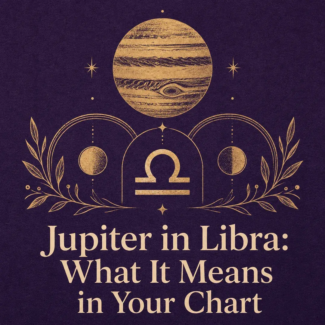 Gold Jupiter and Libra symbol with balanced celestial details on a deep violet background.