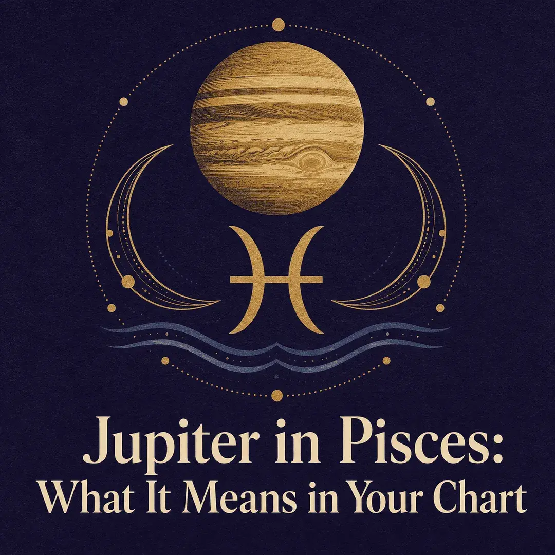 Gold Jupiter and Pisces symbol on a deep violet background.