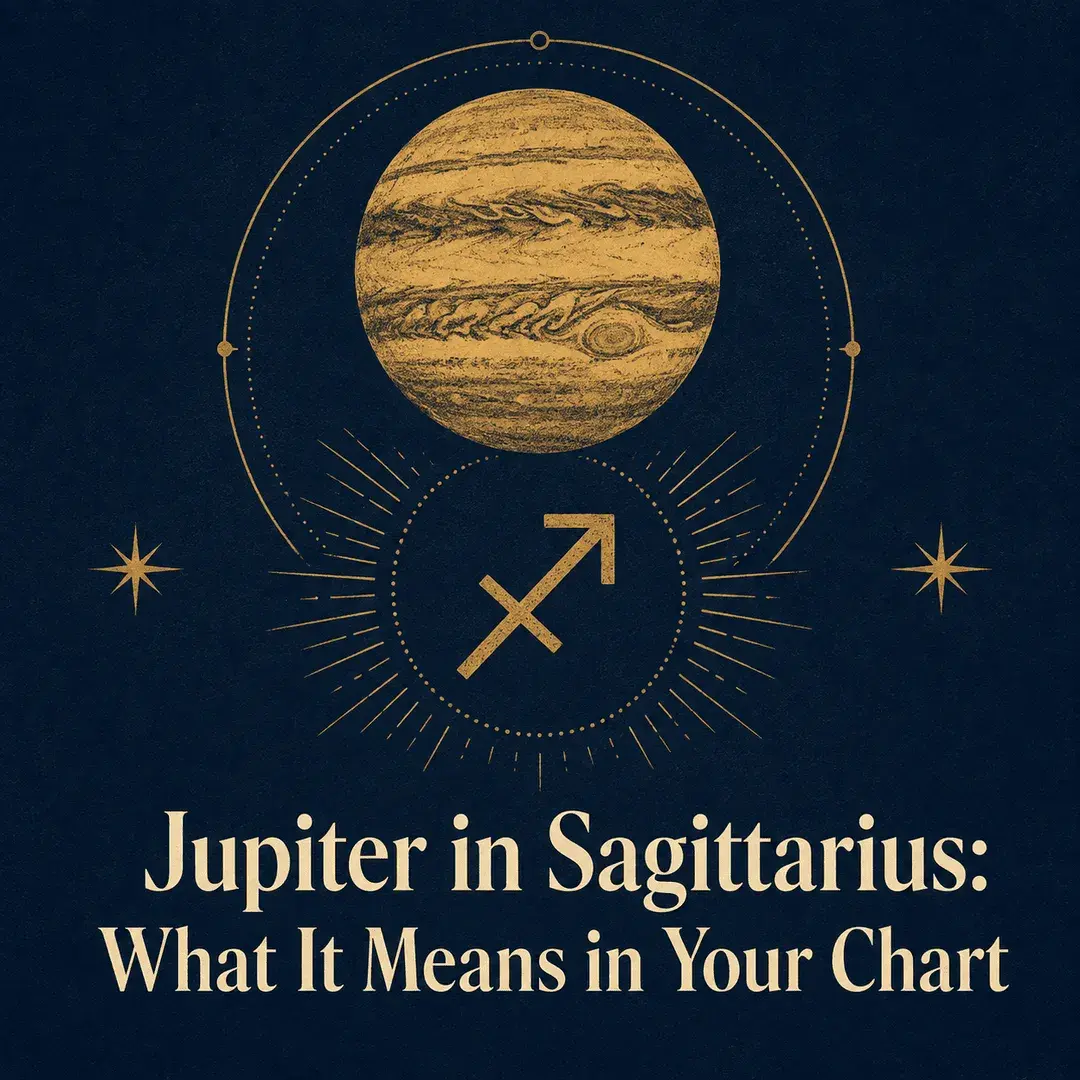 Gold Jupiter and Sagittarius symbol on a deep indigo background.