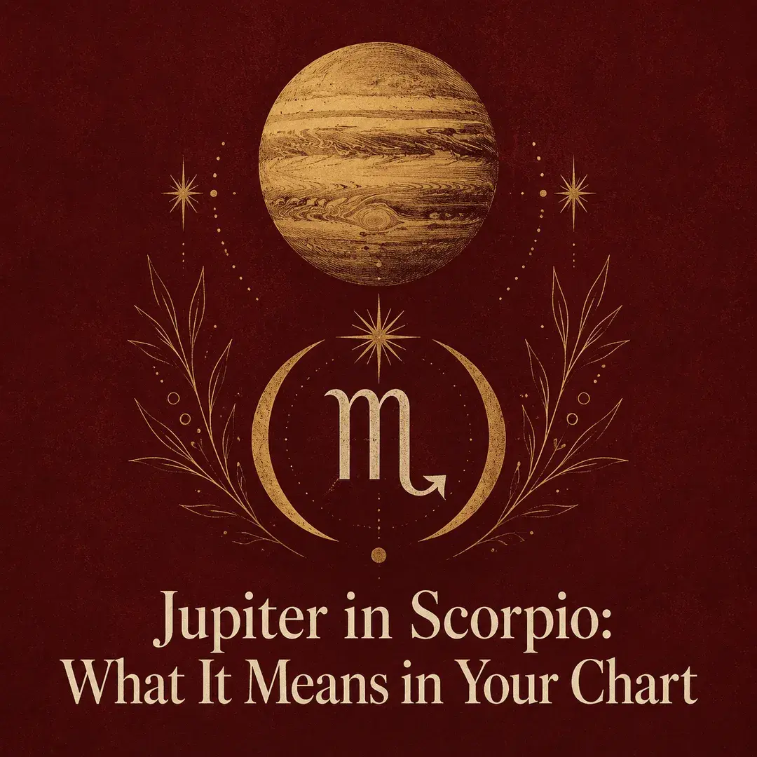 Gold Jupiter and Scorpio symbol on a deep burgundy background.