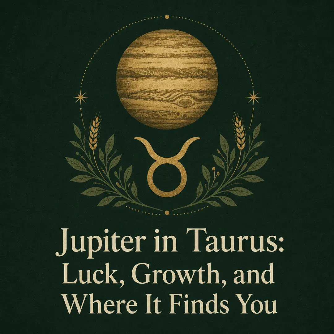 Gold Jupiter and Taurus symbol with botanical details on a deep green background.