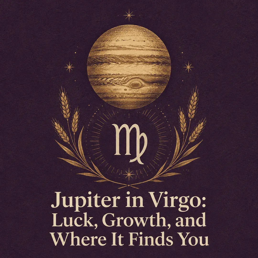 Gold Jupiter and Virgo symbol with wheat on a deep purple background.