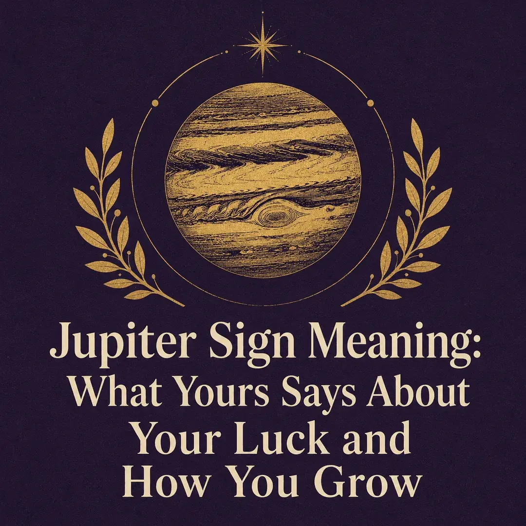 Gold Jupiter framed by laurel branches on a deep purple background.