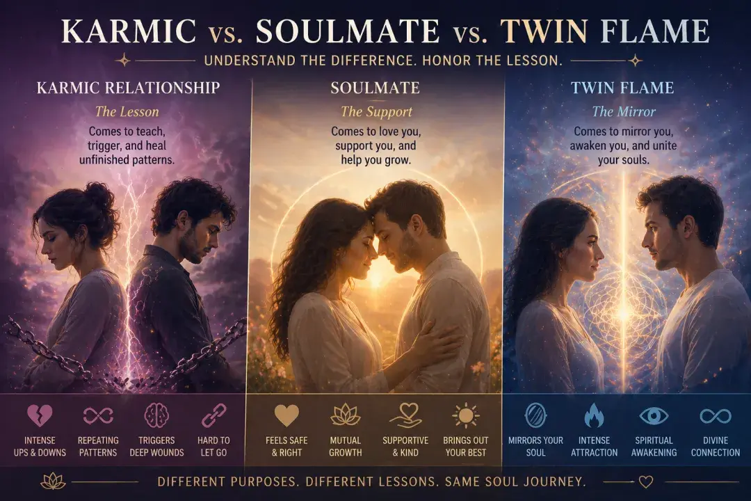 Comparison of karmic relationships, soulmates, and twin flames showing emotional intensity, supportive love, and spiritual awakening connections between couples.