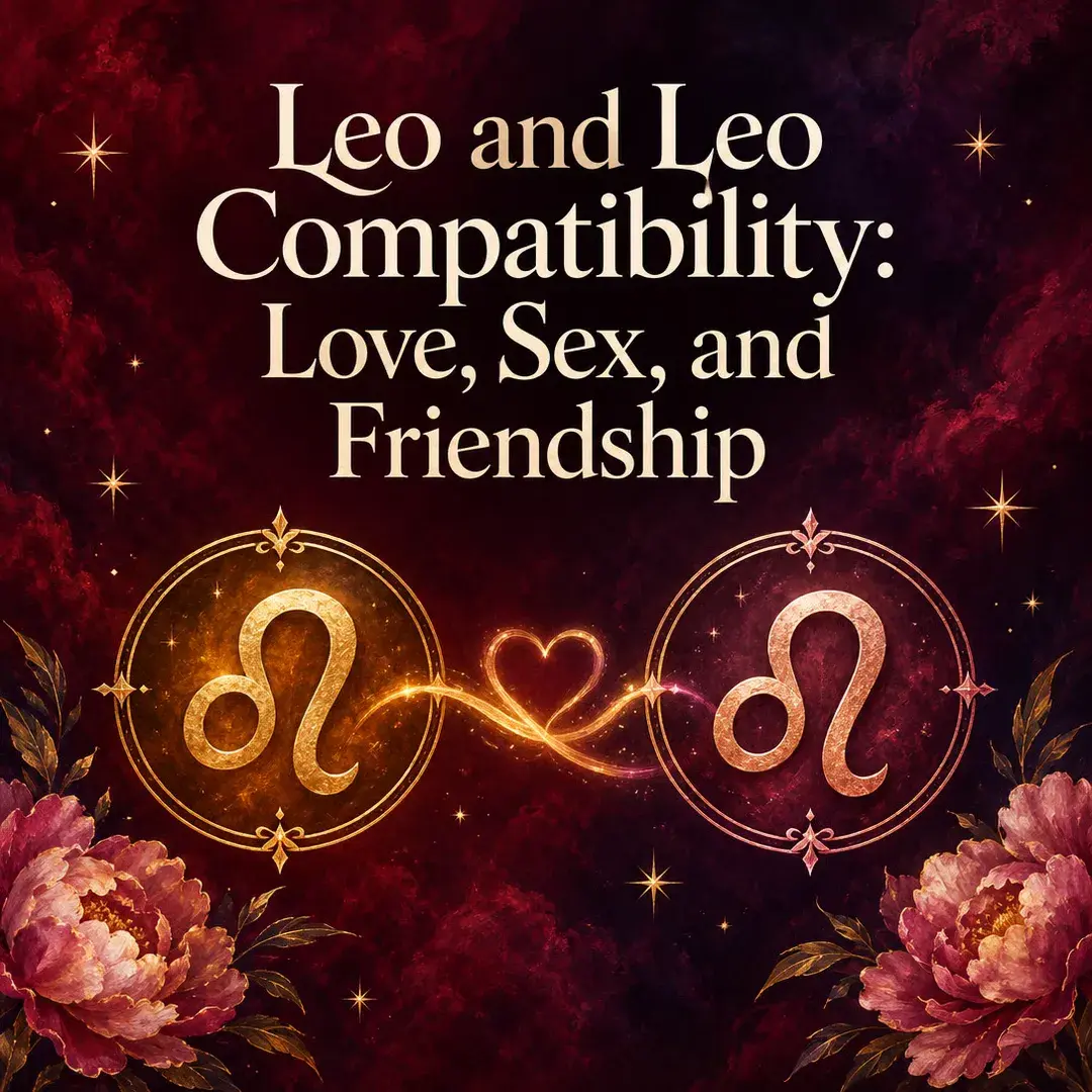 Two Leo symbols joined by a glowing heart with peonies