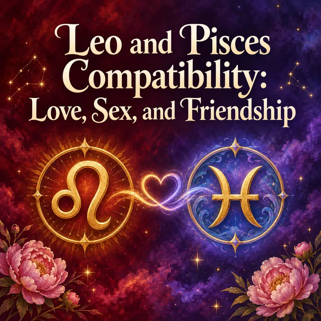 Leo and Pisces symbols joined by a glowing heart