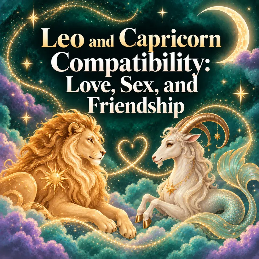 Whimsical golden lion and sea-goat representing Leo and Capricorn compatibility.