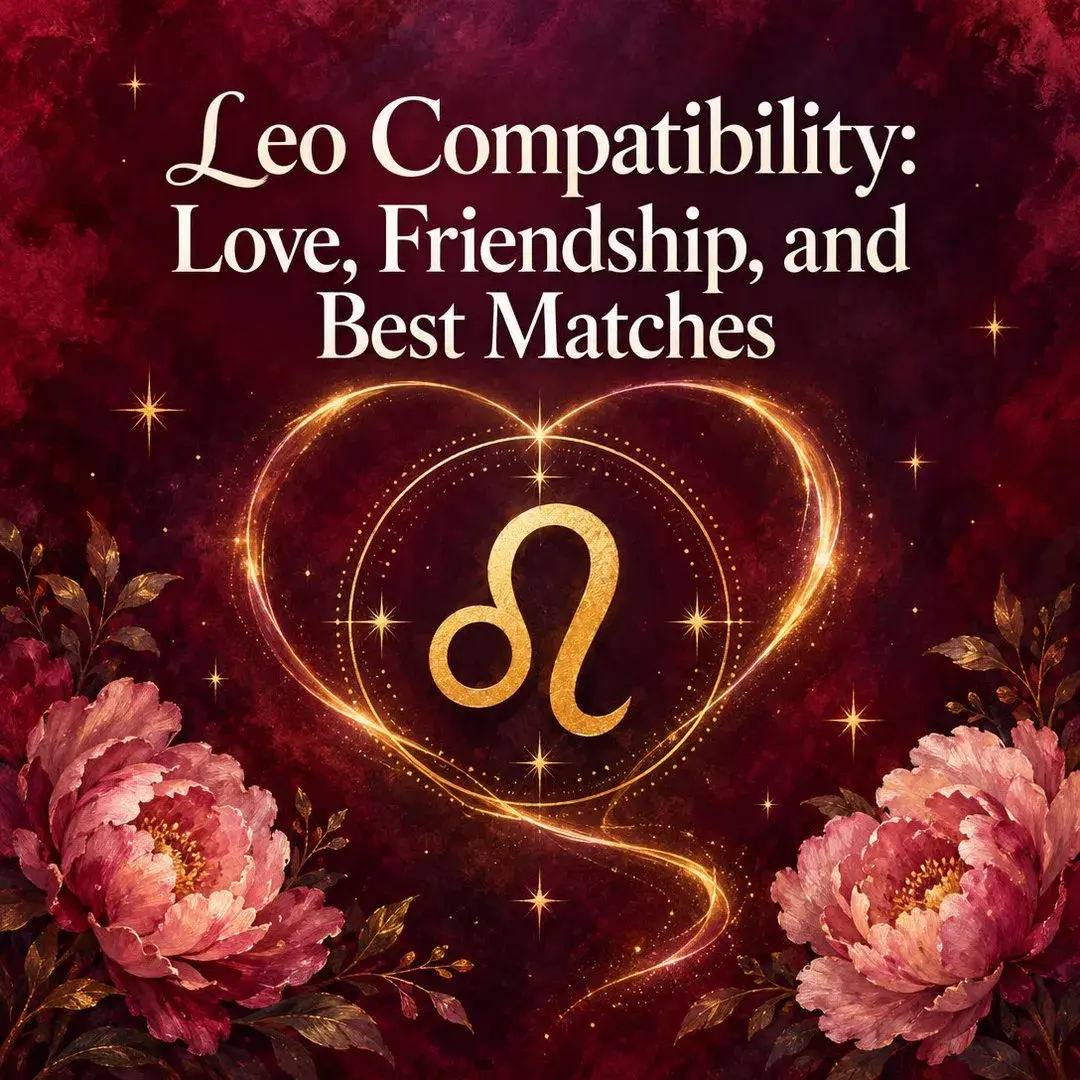 Gold Leo symbol inside a glowing heart with crimson peonies