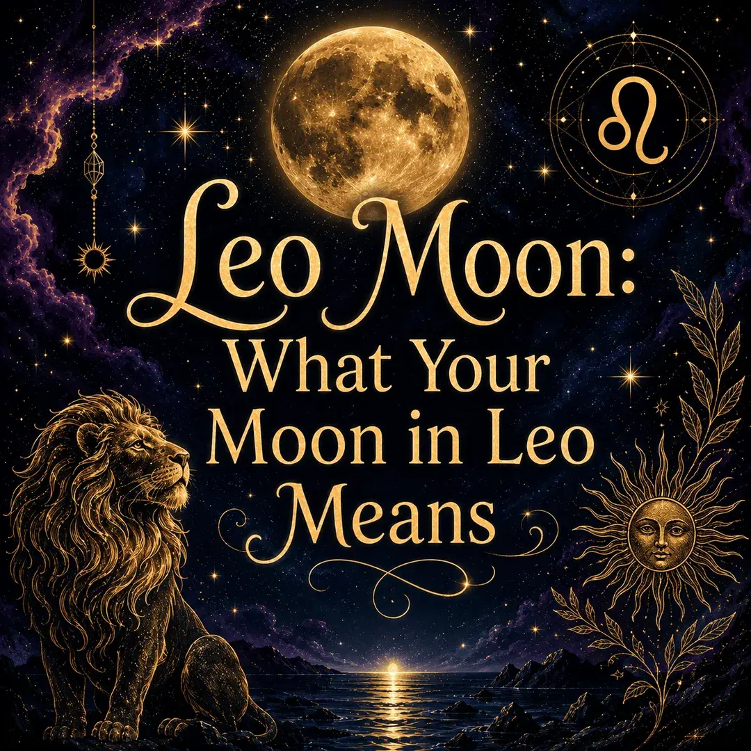 Celestial Leo Moon graphic with a glowing full moon, Leo symbol, golden lion, stars, and sun motifs.