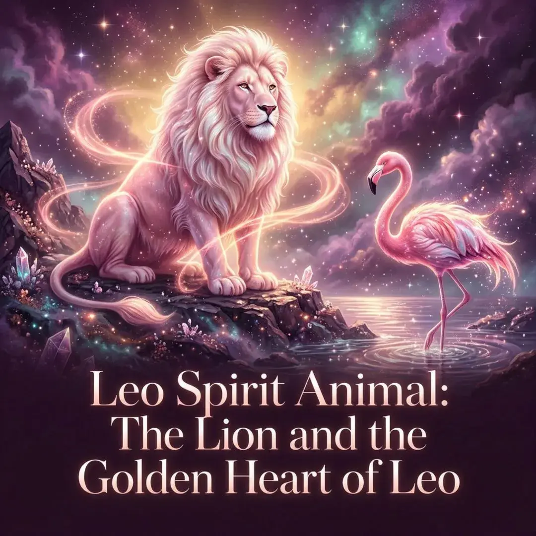 Glowing lion and pink flamingo under a starry sky