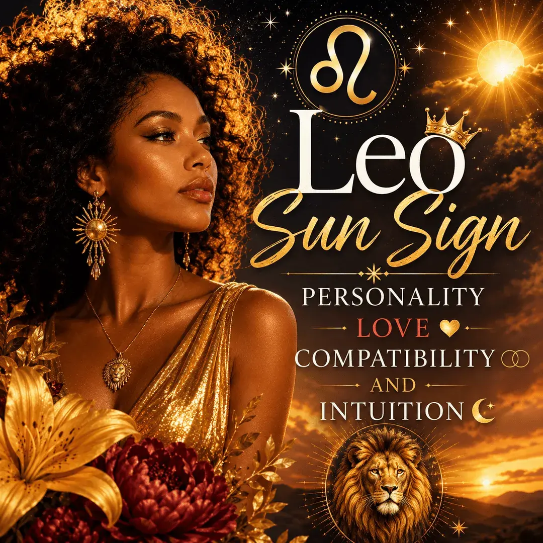 Leo Sun Sign astrology graphic featuring a woman, Leo symbol, radiant sun, golden lion, celestial stars, and flowers with the title Personality, Love, Compatibility and Intuition.