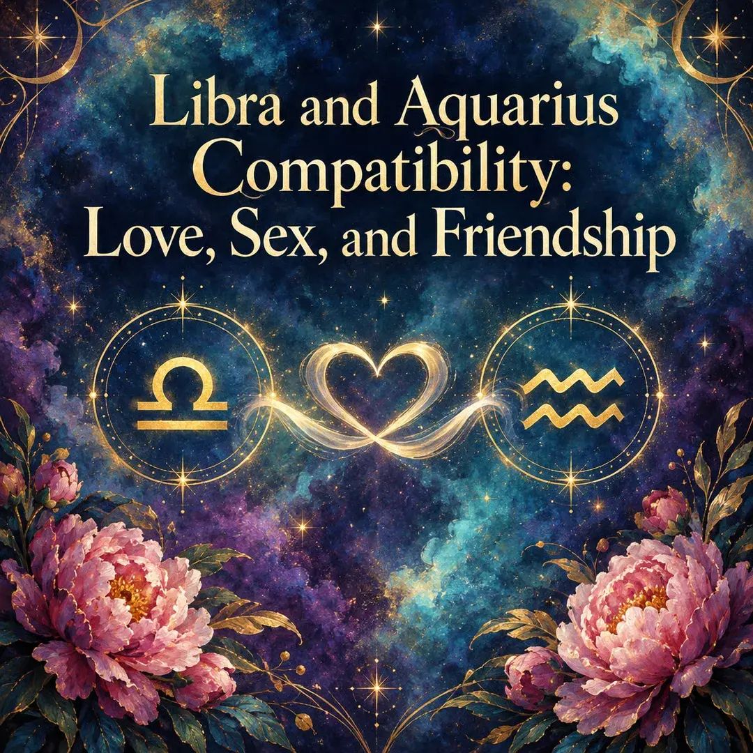 Libra and Aquarius symbols joined by a glowing heart with peonies
