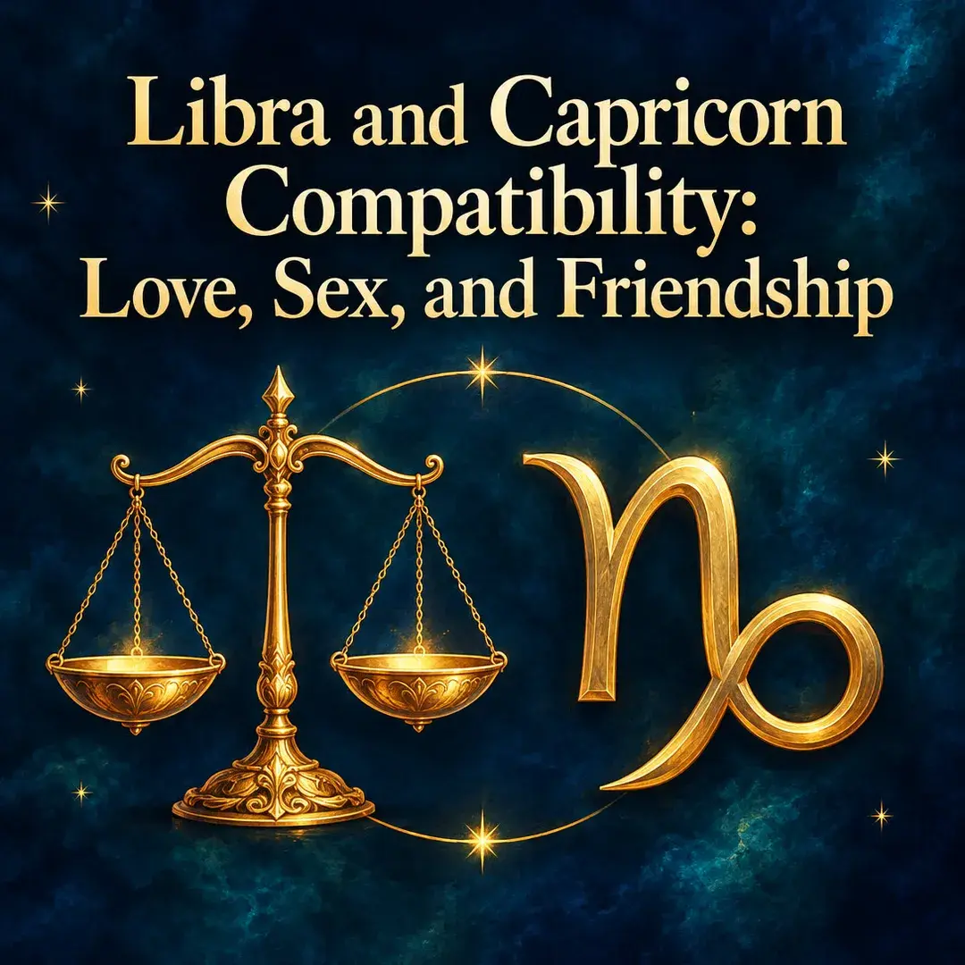 Gold Libra scales beside the Capricorn symbol on deep blue