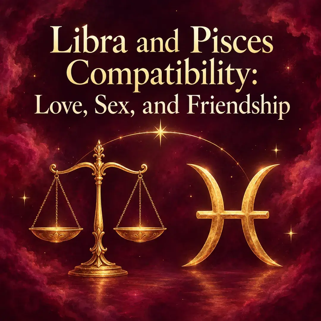 Gold Libra scales beside the Pisces symbol on crimson