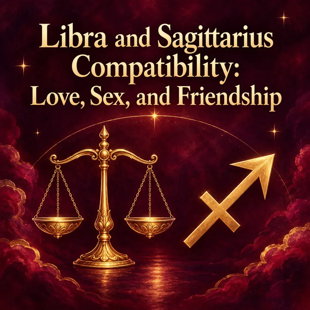 Gold Libra scales beside the Sagittarius arrow on crimson