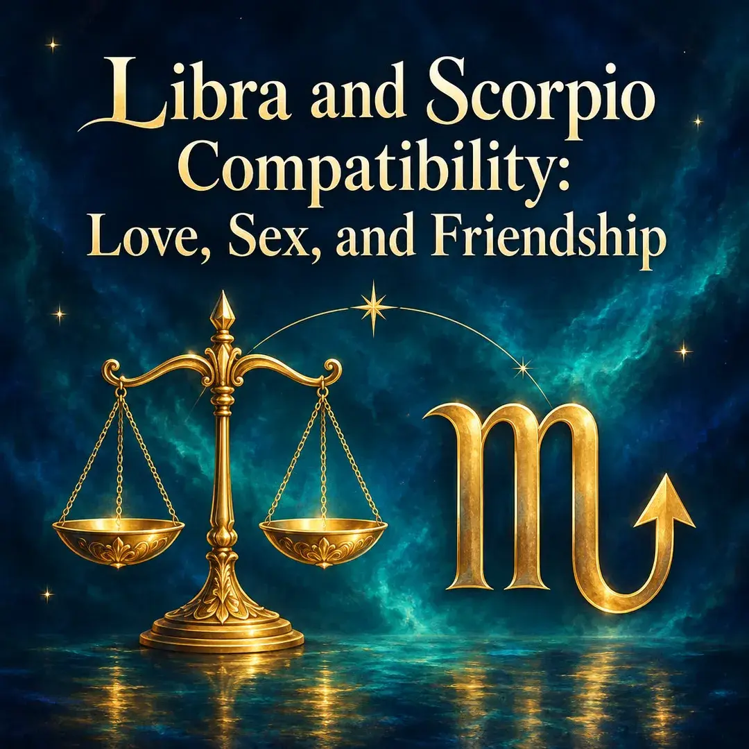 Golden scales beside the Scorpio symbol over teal water
