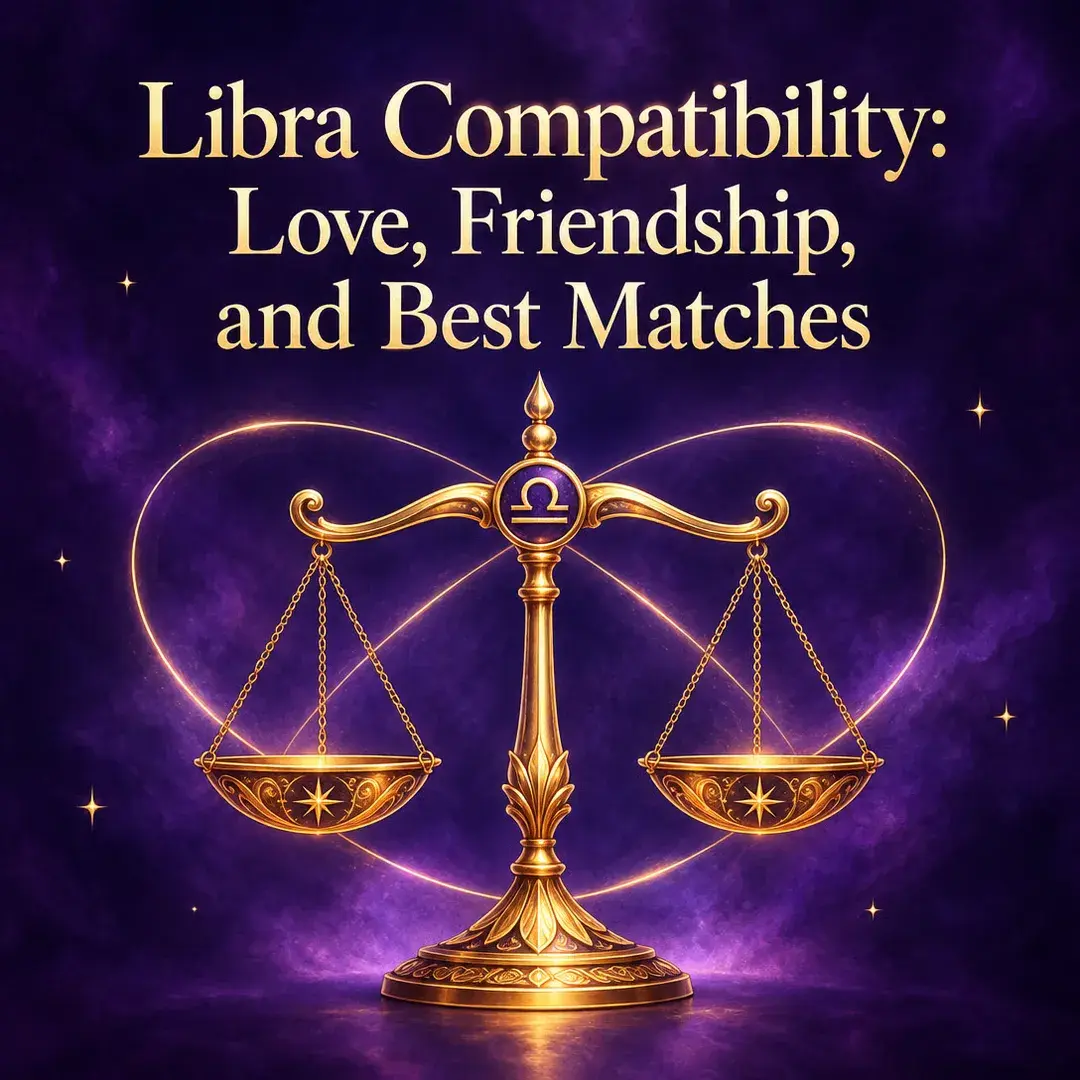 Golden scales wrapped in a glowing heart ribbon on violet