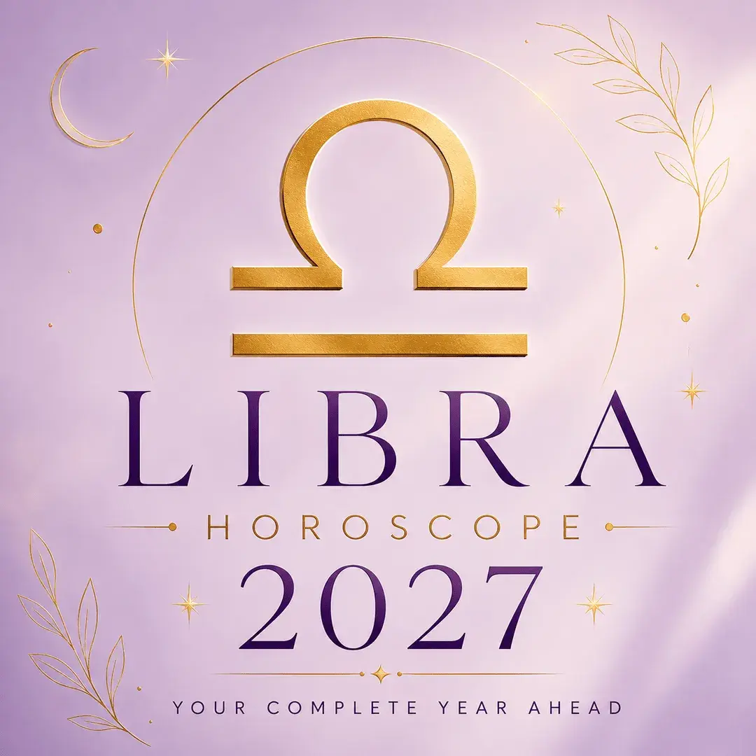 Gold Libra zodiac symbol on a soft lavender background with “Libra Horoscope 2027: Your Complete Year Ahead.”
